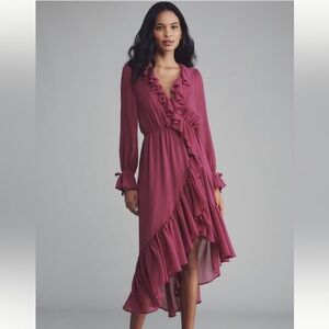 Anthropologie Long-Sleeve Ruffled Asymmetric Midi Dress
